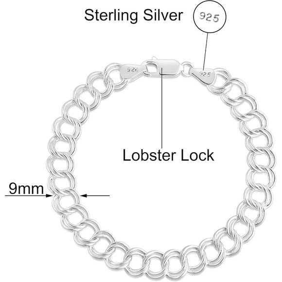 925 Sterling Silver Double Ring Charm Link Bracelet 8-inch for Women - Picture 2 of 5